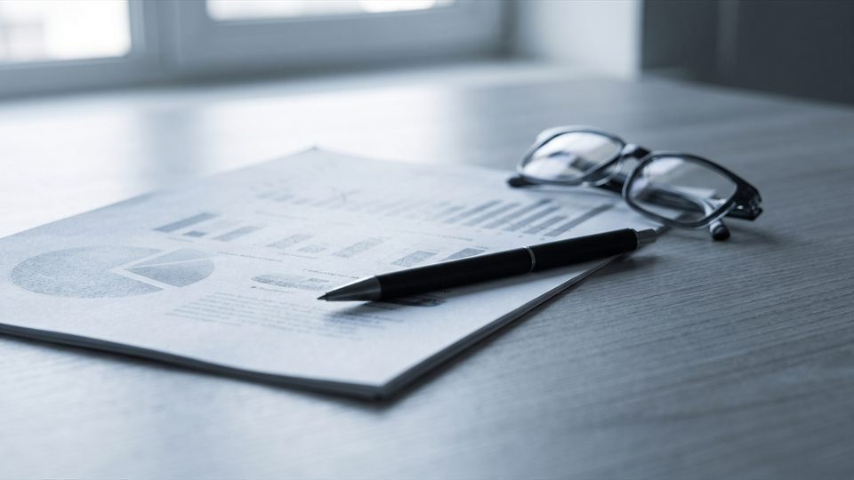 Relatório impresso com gráficos, caneta e óculos sobre uma mesa