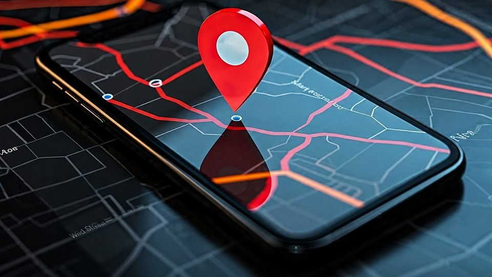Celular sobre um mapa, com um marcador de localização em destaque na tela
