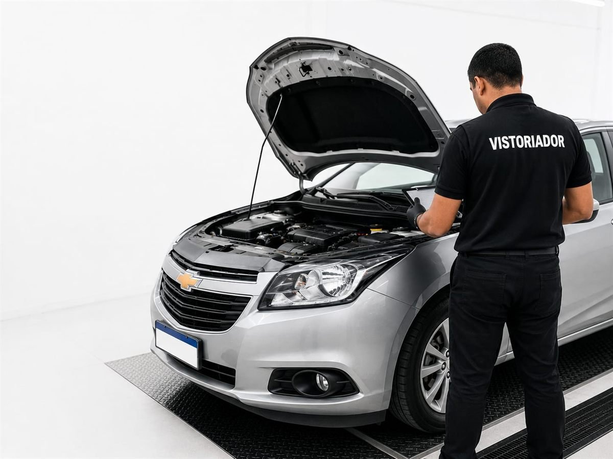 Vistoriador confere o compartimento do motor de um carro com o capô aberto, em box de vistoria